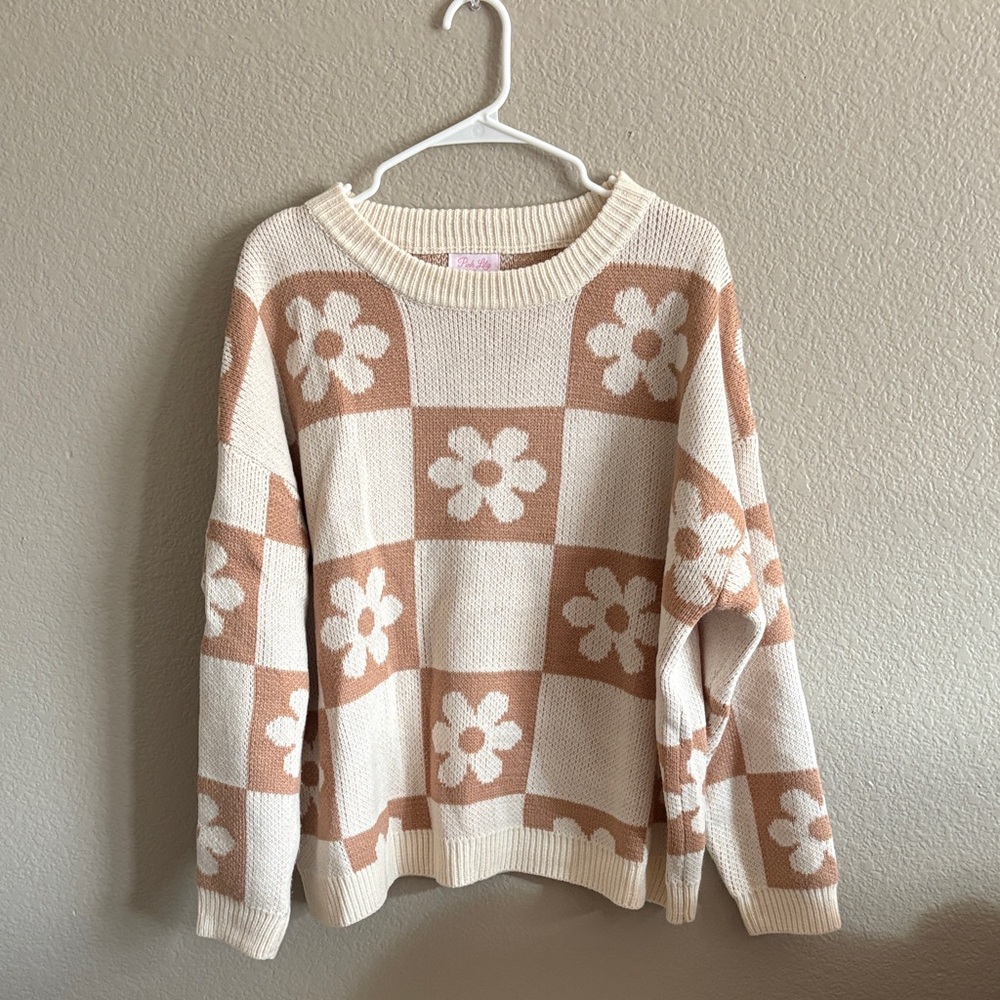 Pink Lily- Floral and Checkered Print Knit Sweater
